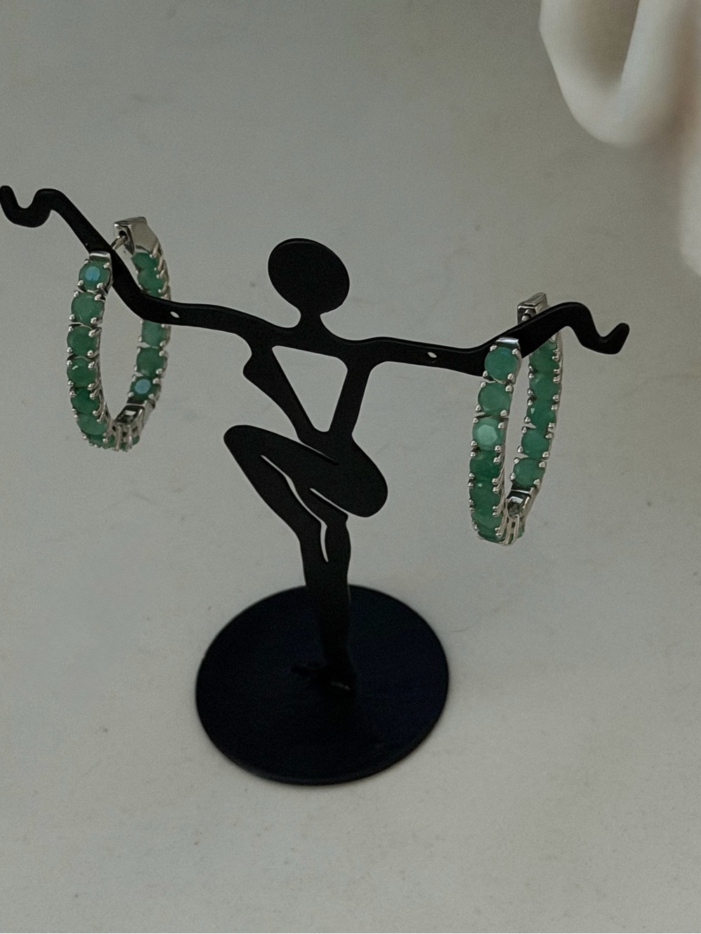 Emerald and sterling hoop earrings